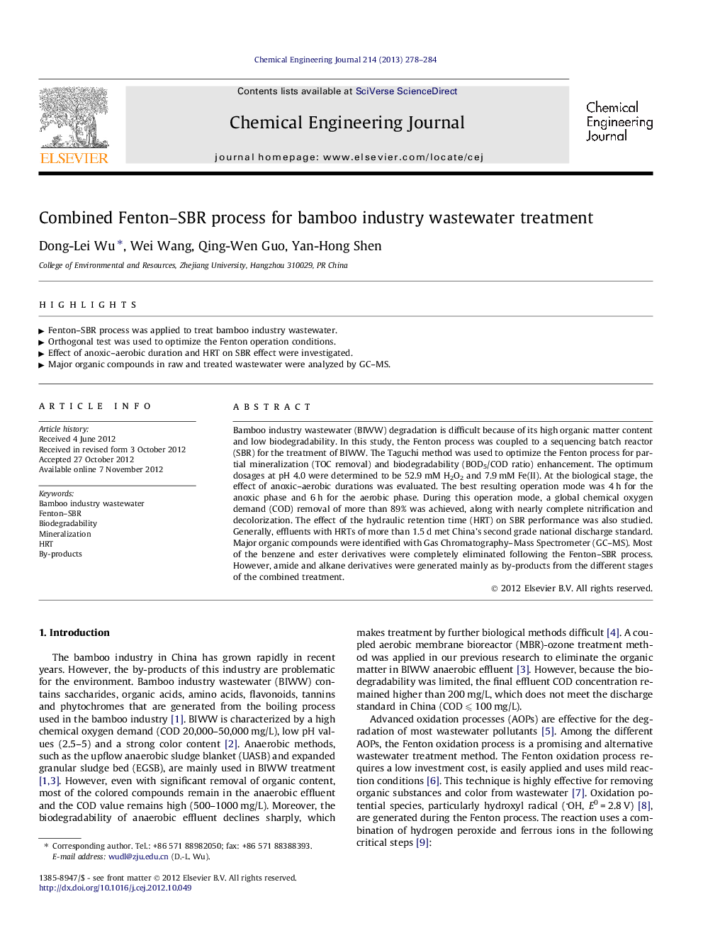 Combined Fenton–SBR process for bamboo industry wastewater treatment