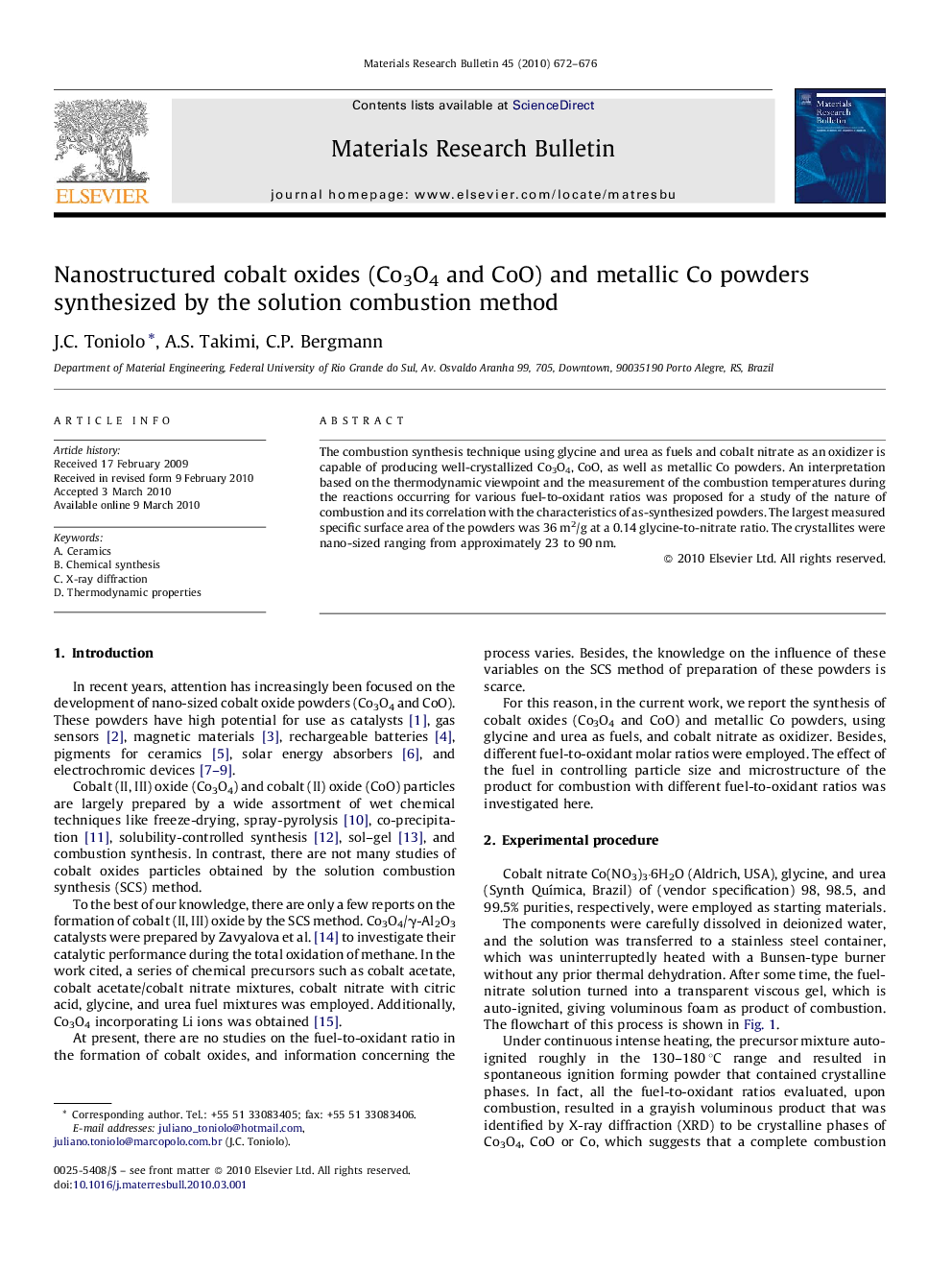 Nanostructured cobalt oxides (Co3O4 and CoO) and metallic Co powders synthesized by the solution combustion method