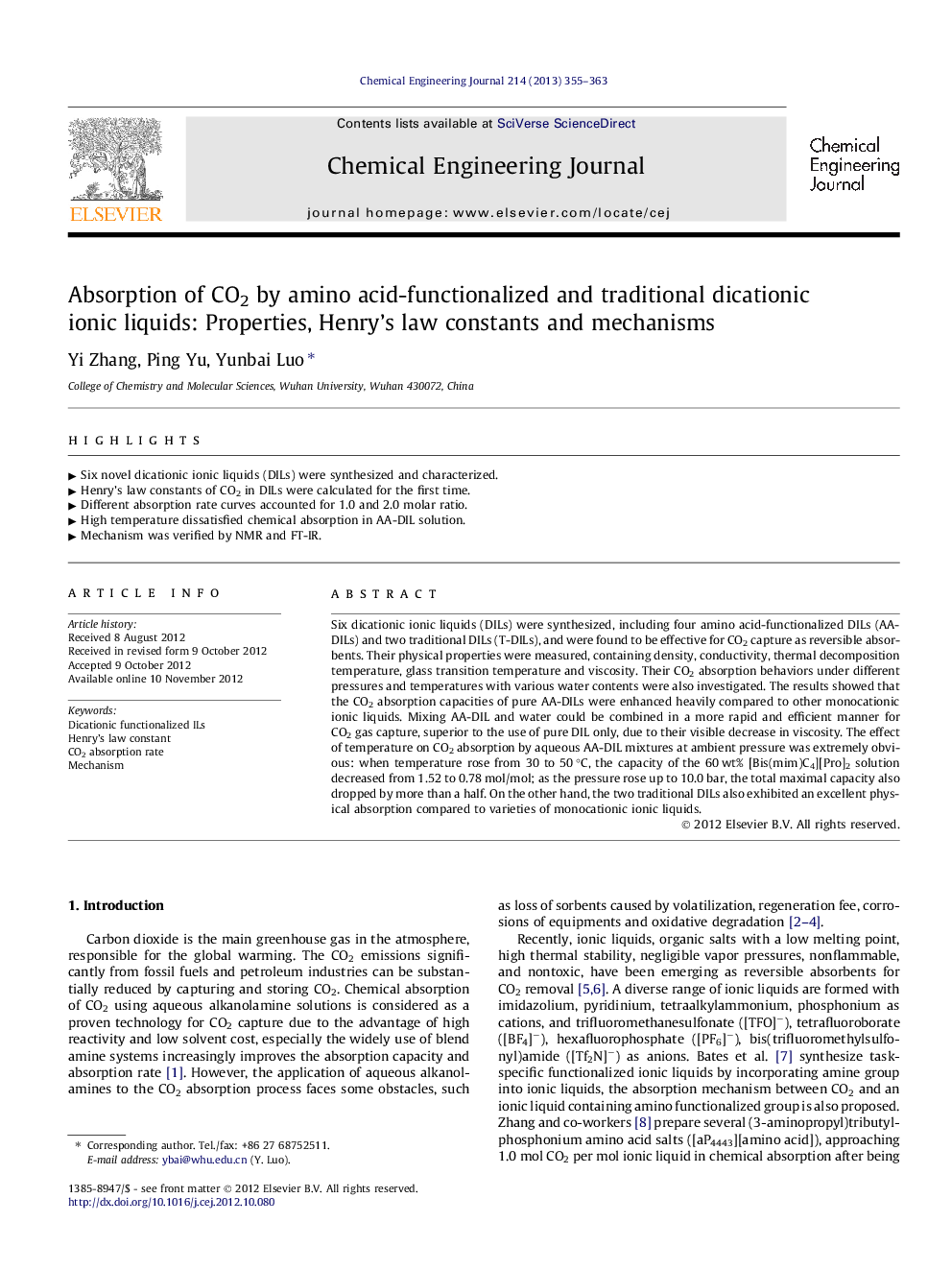 عکس صفحه اول مقاله: Absorption of CO2 by amino acid-functionalized and traditional dicationic ionic liquids: Properties, Henry’s law constants and mechanisms Absorption of CO2 by amino acid-functionalized and traditional dicationic ionic liquids: Properties, Henry’s law constants and mechanisms