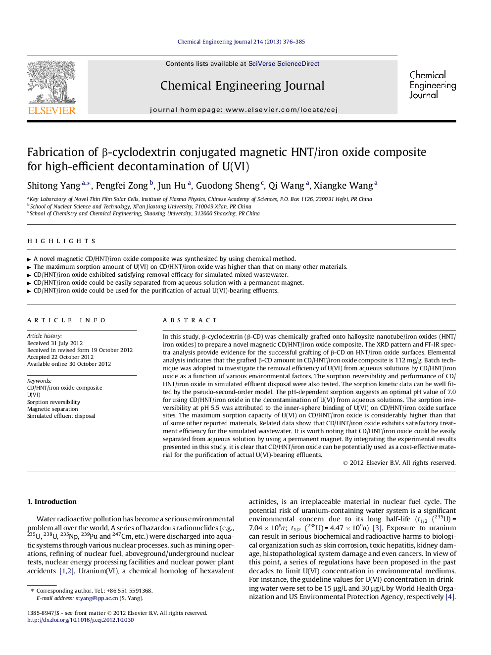 Fabrication of β-cyclodextrin conjugated magnetic HNT/iron oxide composite for high-efficient decontamination of U(VI)