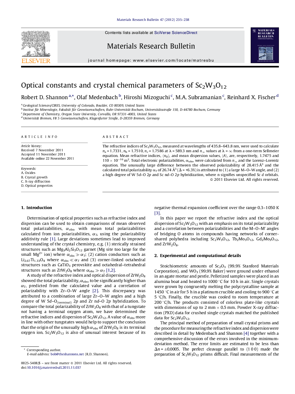 Optical constants and crystal chemical parameters of Sc2W3O12