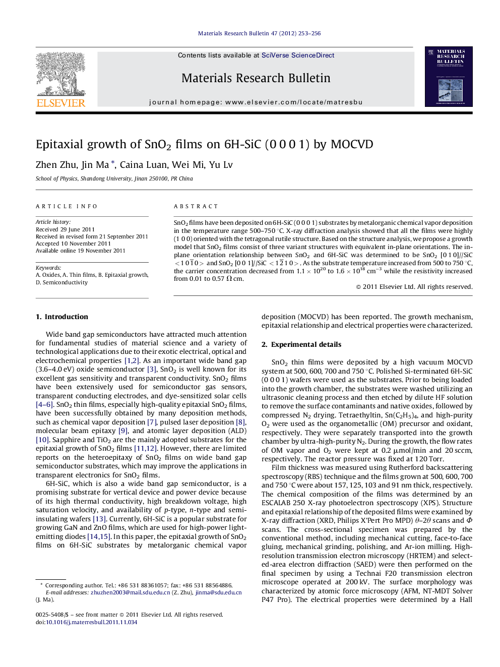 Epitaxial growth of SnO2 films on 6H-SiC (0 0 0 1) by MOCVD