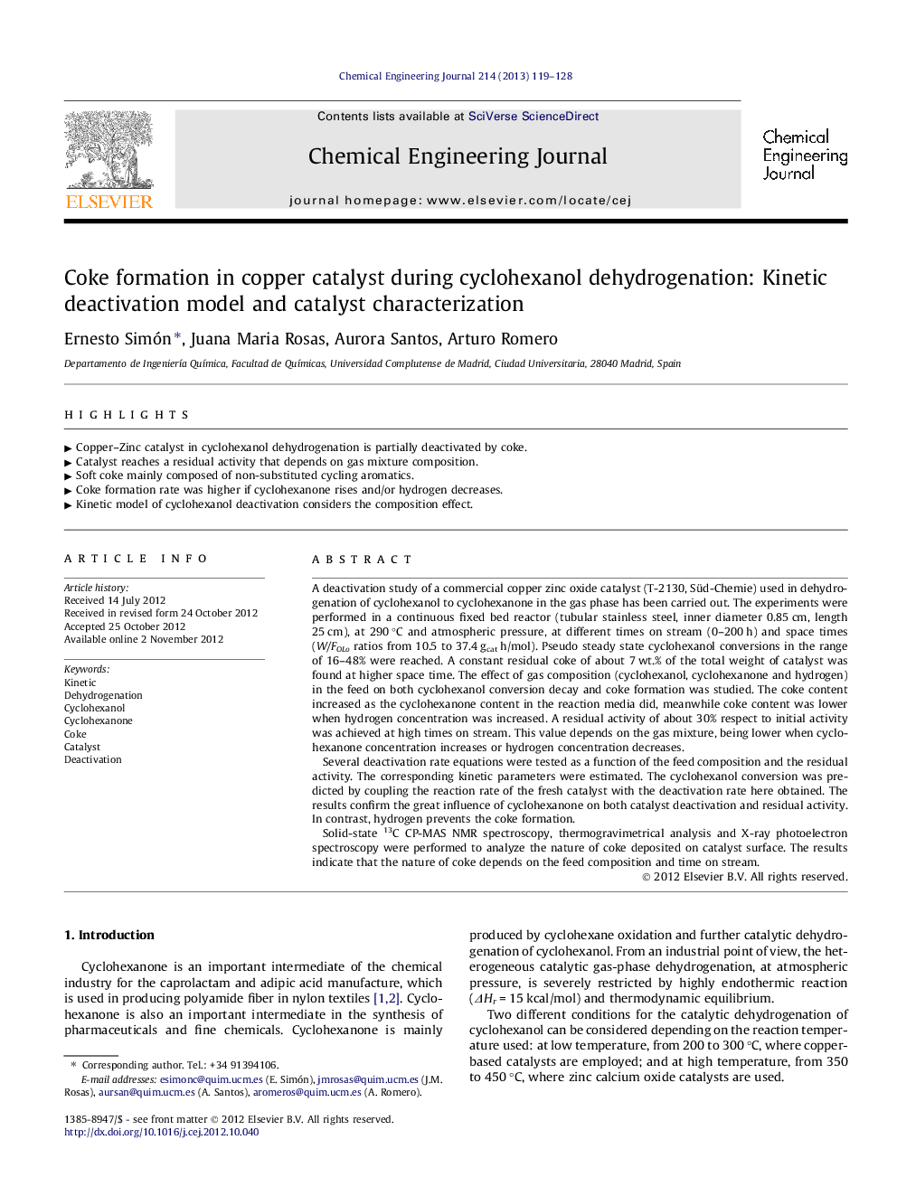 Coke formation in copper catalyst during cyclohexanol dehydrogenation: Kinetic deactivation model and catalyst characterization