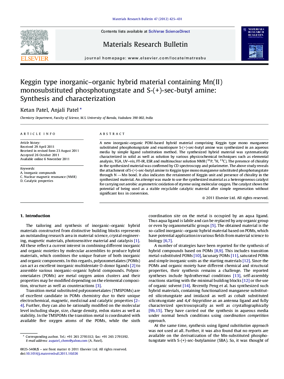 Keggin type inorganic–organic hybrid material containing Mn(II) monosubstituted phosphotungstate and S-(+)-sec-butyl amine: Synthesis and characterization