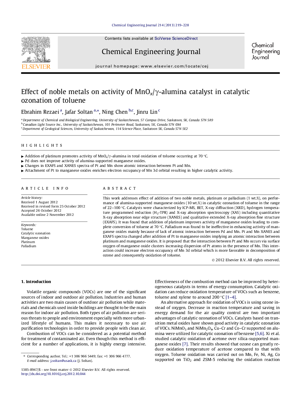 Effect of noble metals on activity of MnOx/γ-alumina catalyst in catalytic ozonation of toluene