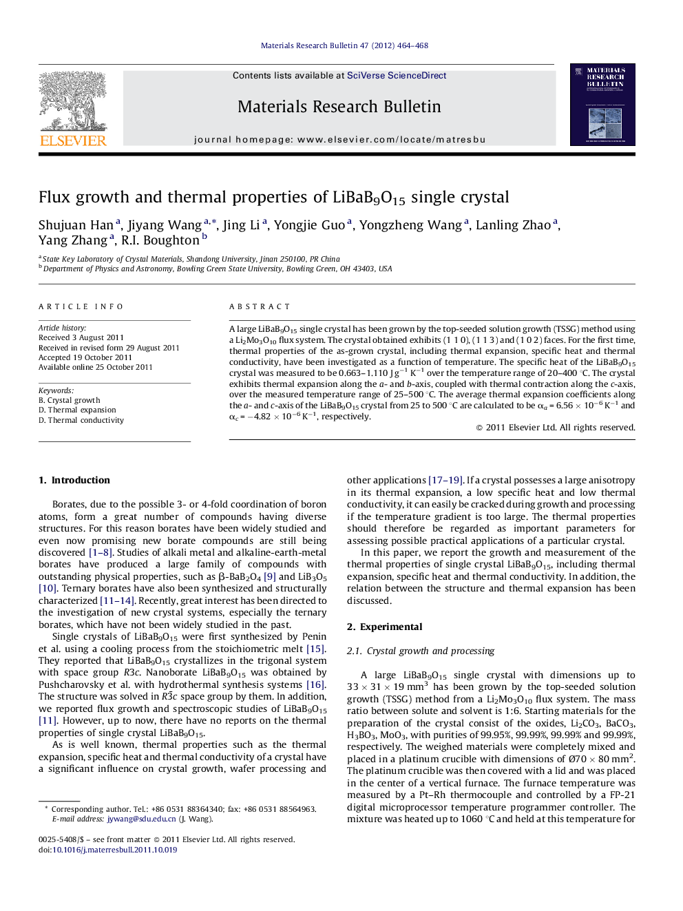 Flux growth and thermal properties of LiBaB9O15 single crystal