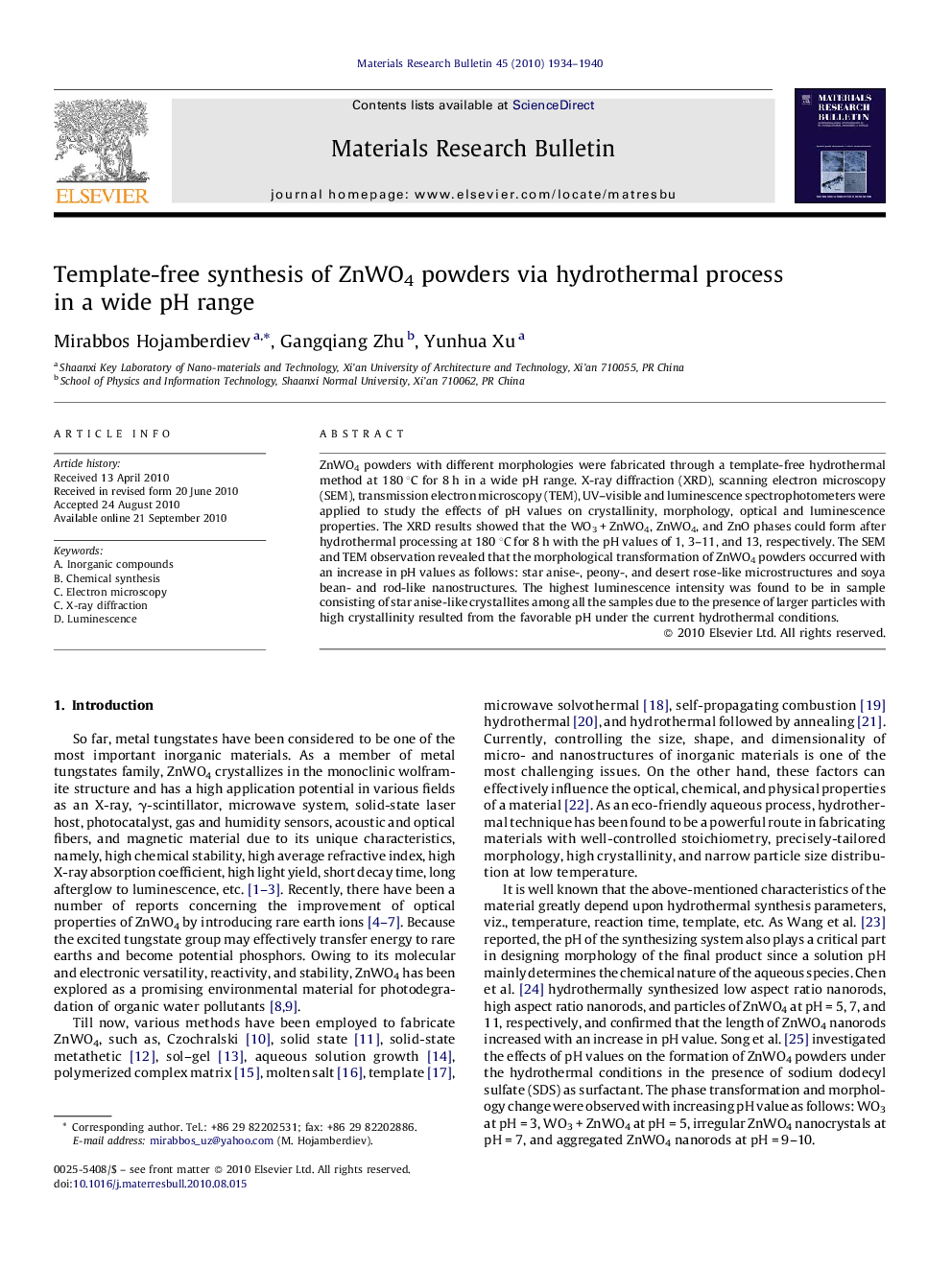 Template-free synthesis of ZnWO4 powders via hydrothermal process in a wide pH range