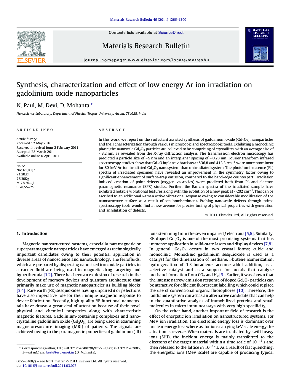 Synthesis, characterization and effect of low energy Ar ion irradiation on gadolinium oxide nanoparticles