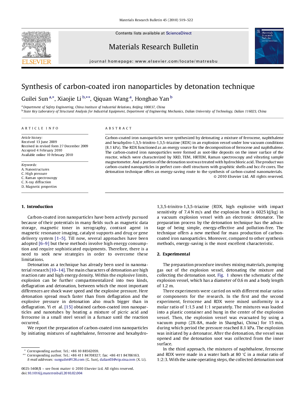 Synthesis of carbon-coated iron nanoparticles by detonation technique