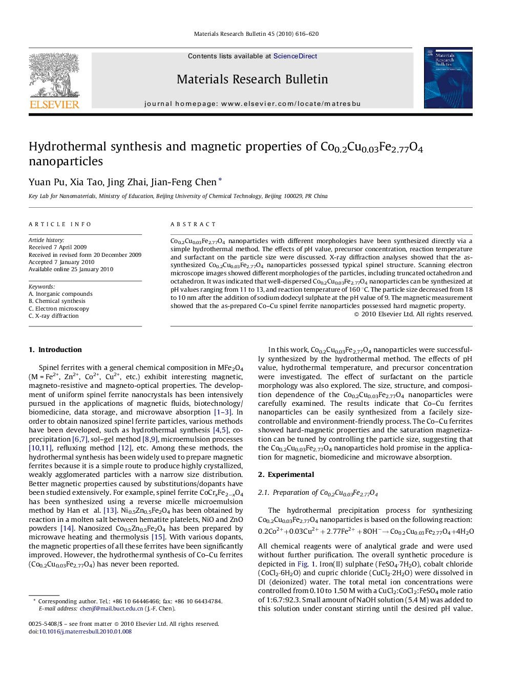 Hydrothermal synthesis and magnetic properties of Co0.2Cu0.03Fe2.77O4 nanoparticles