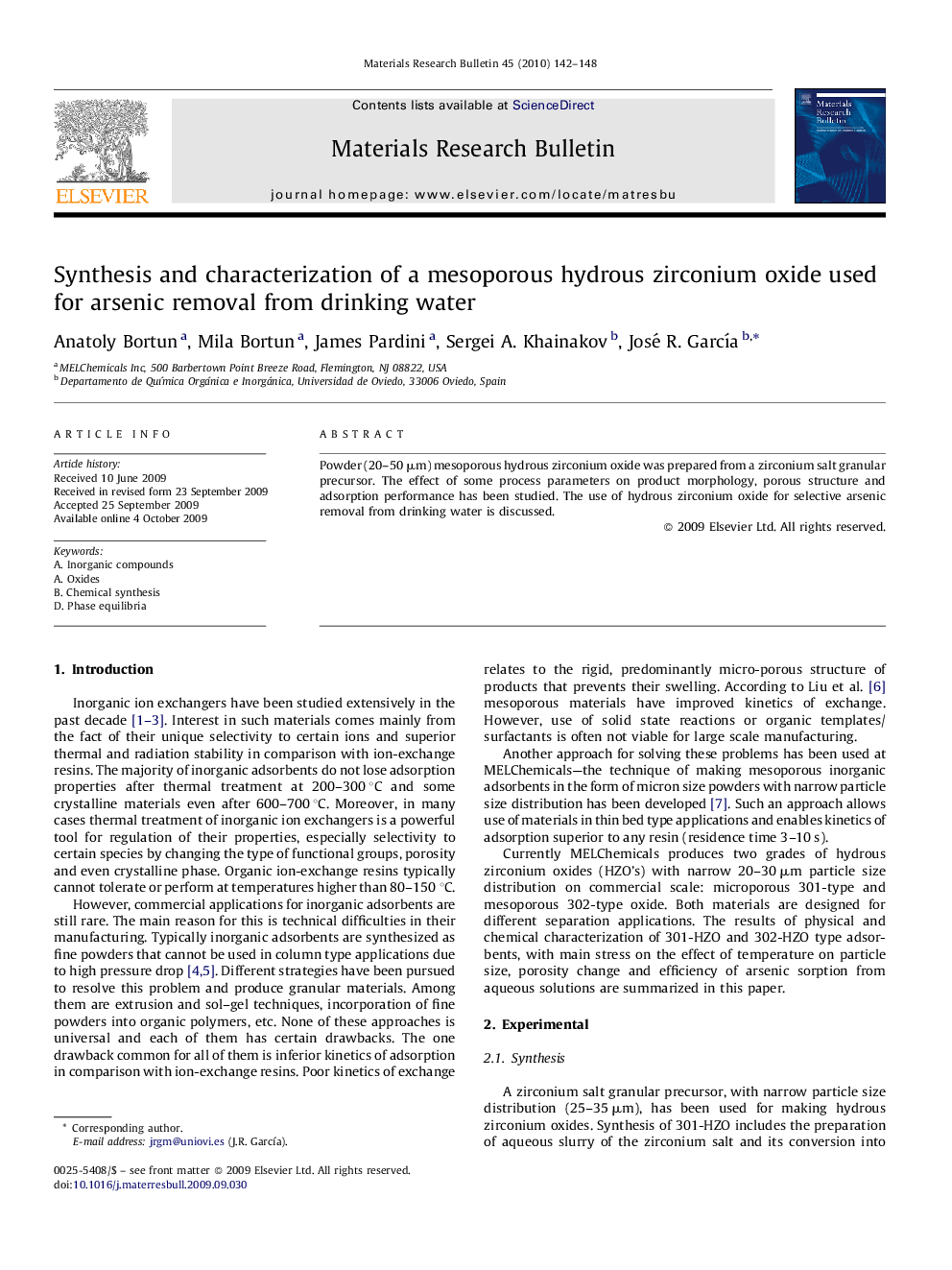 Synthesis and characterization of a mesoporous hydrous zirconium oxide used for arsenic removal from drinking water