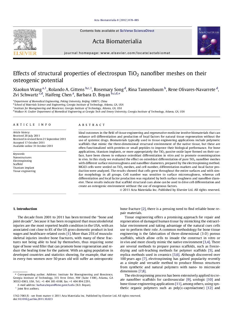 Effects of structural properties of electrospun TiO2 nanofiber meshes on their osteogenic potential