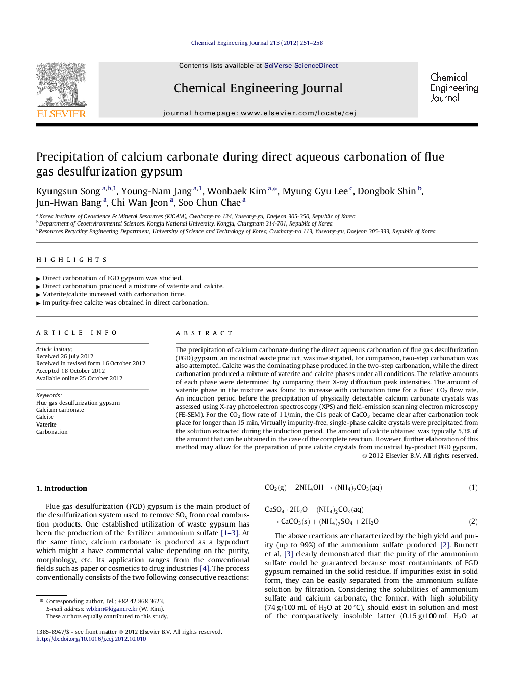 Precipitation of calcium carbonate during direct aqueous carbonation of flue gas desulfurization gypsum