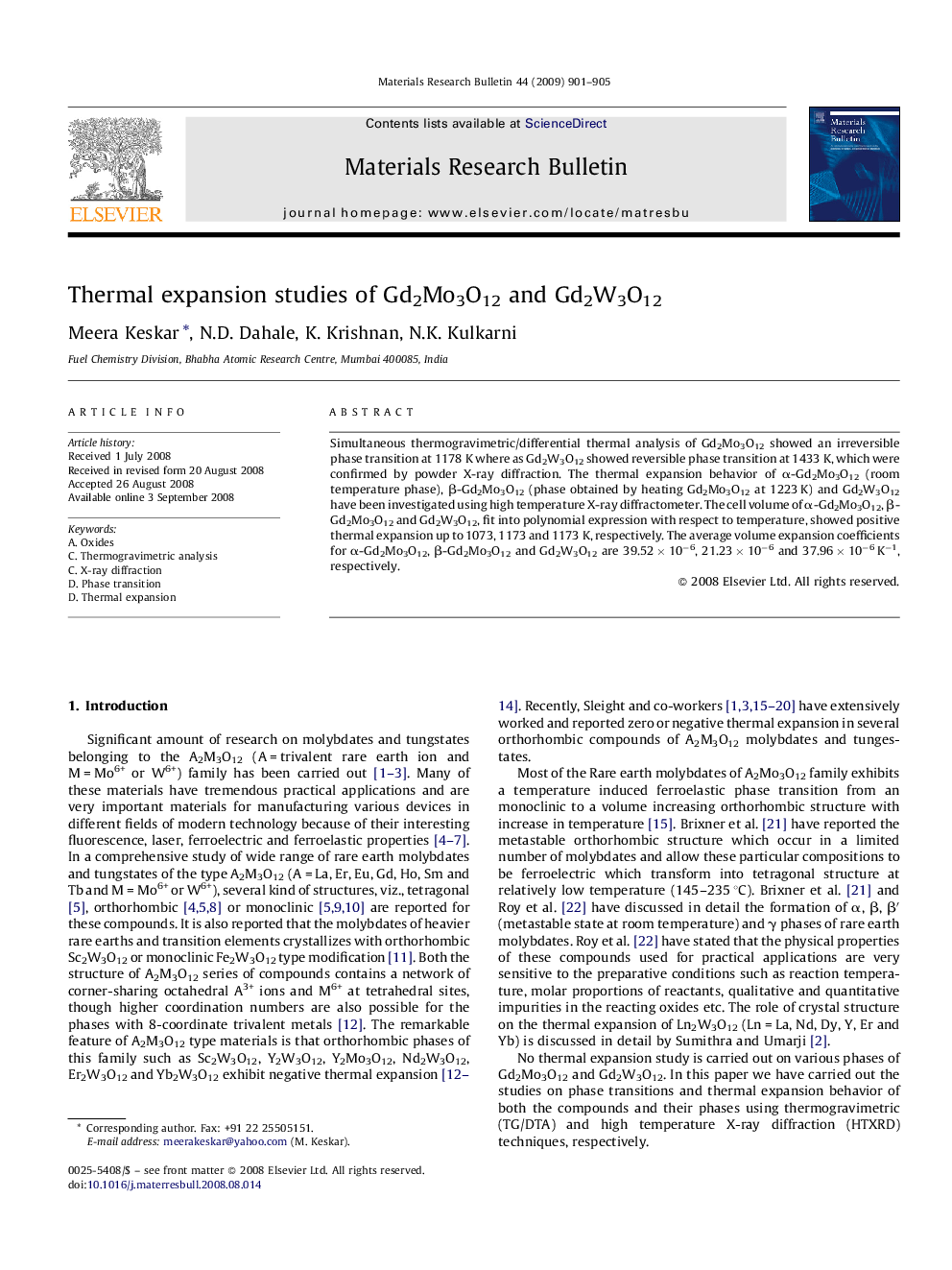 Thermal expansion studies of Gd2Mo3O12 and Gd2W3O12