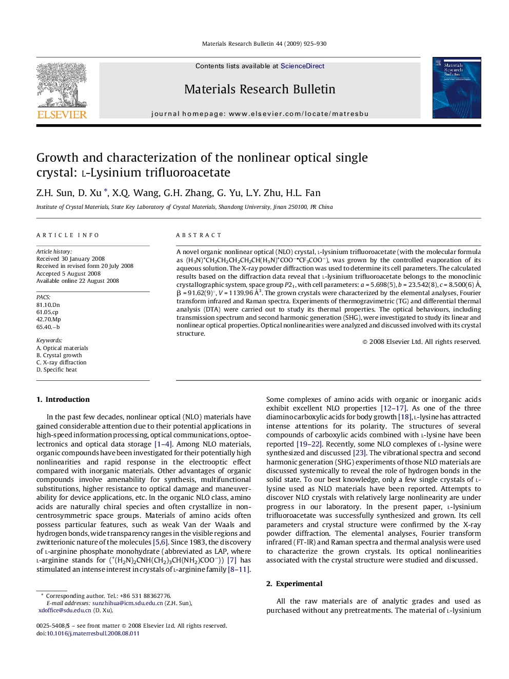 Growth and characterization of the nonlinear optical single crystal: l-Lysinium trifluoroacetate