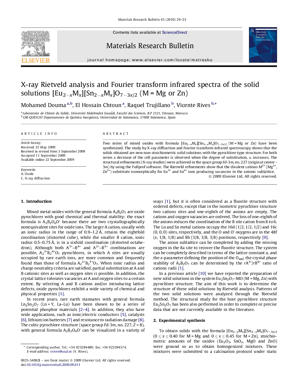 X-ray Rietveld analysis and Fourier transform infrared spectra of the solid solutions [Eu2âxMx][Sn2âxMx]O7â3x/2 (MÂ =Â Mg or Zn)