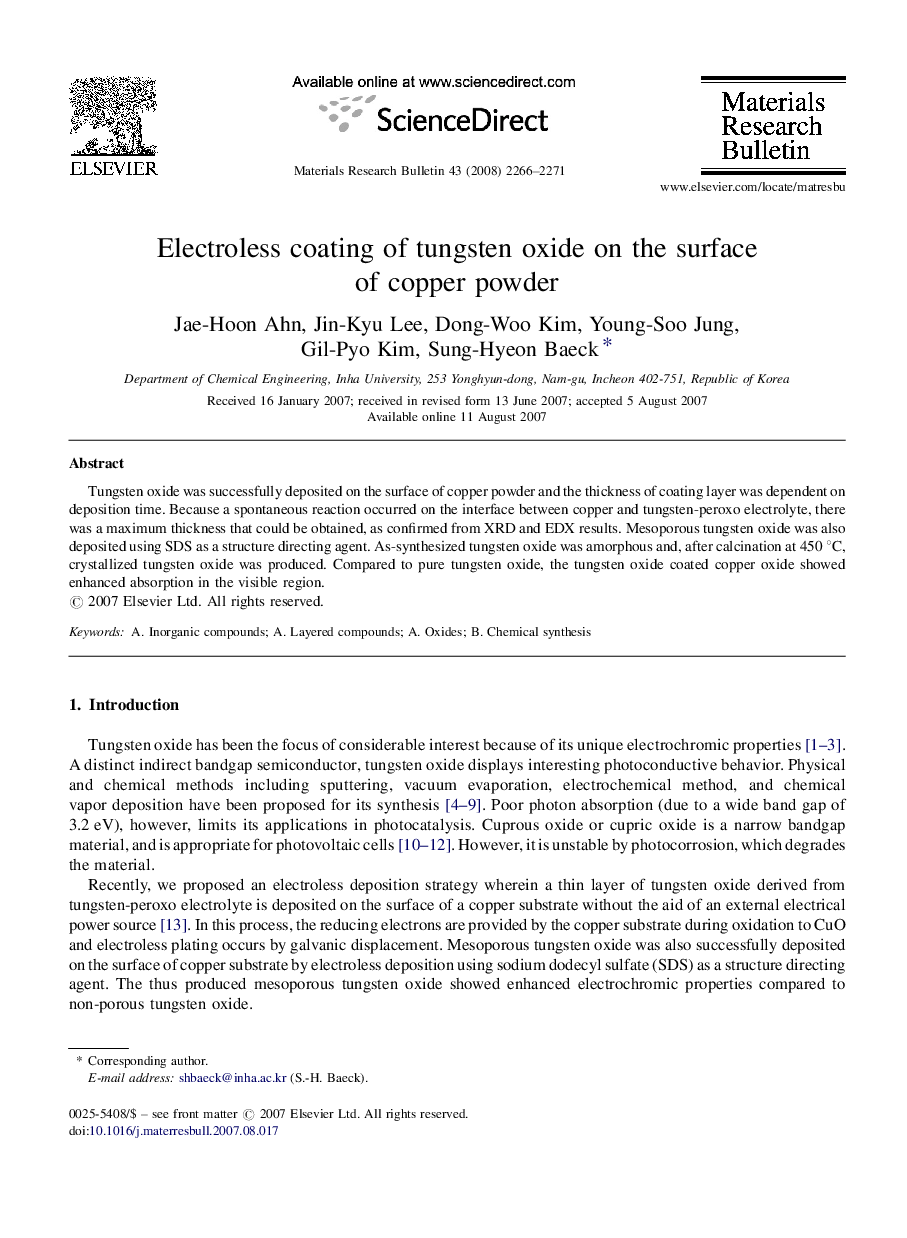 Electroless coating of tungsten oxide on the surface of copper powder