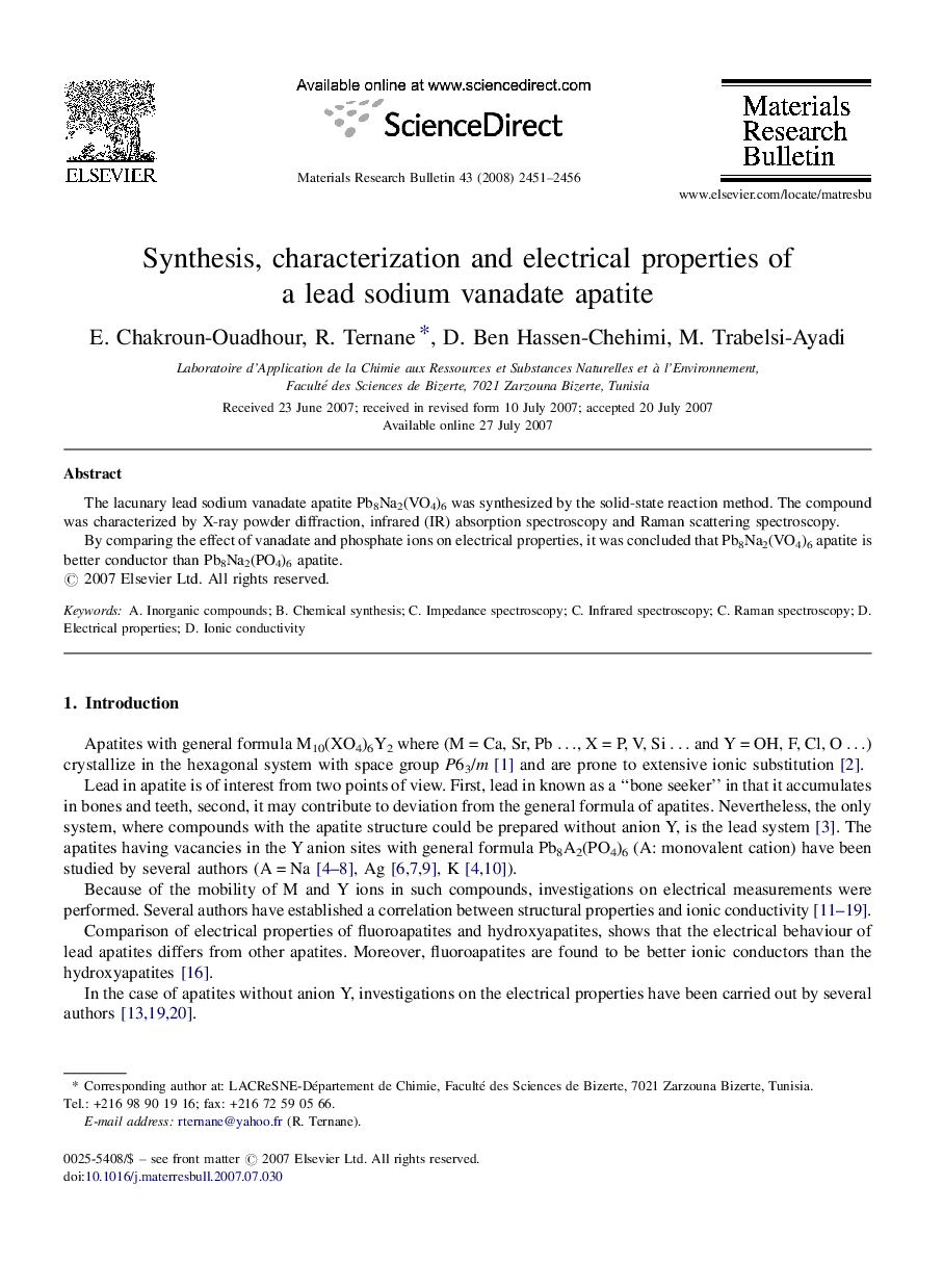 Synthesis, characterization and electrical properties of a lead sodium vanadate apatite