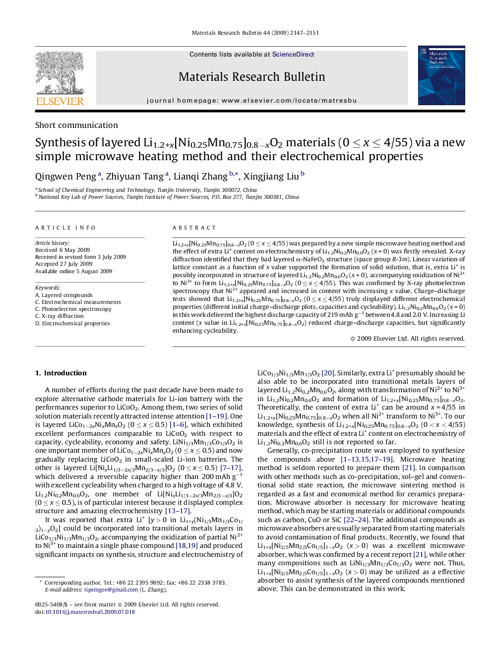 Synthesis of layered Li1.2+x[Ni0.25Mn0.75]0.8−xO2 materials (0 ≤ x ≤ 4/55) via a new simple microwave heating method and their electrochemical properties