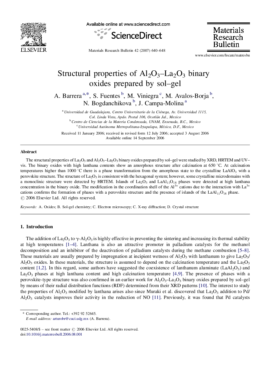 Structural properties of Al2O3–La2O3 binary oxides prepared by sol–gel