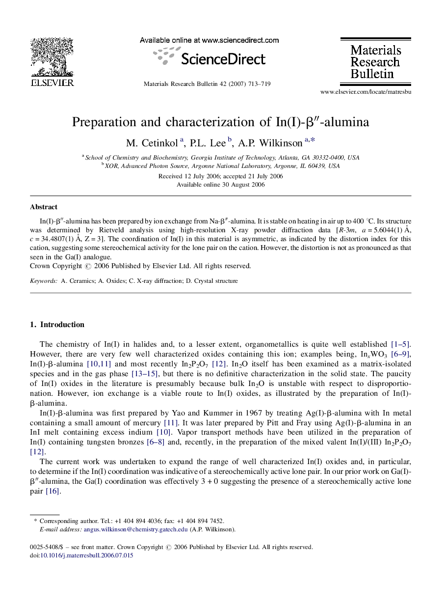 Preparation and characterization of In(I)-β″-alumina