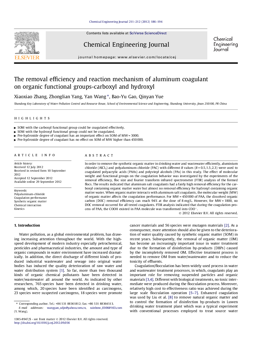 The removal efficiency and reaction mechanism of aluminum coagulant on organic functional groups-carboxyl and hydroxyl