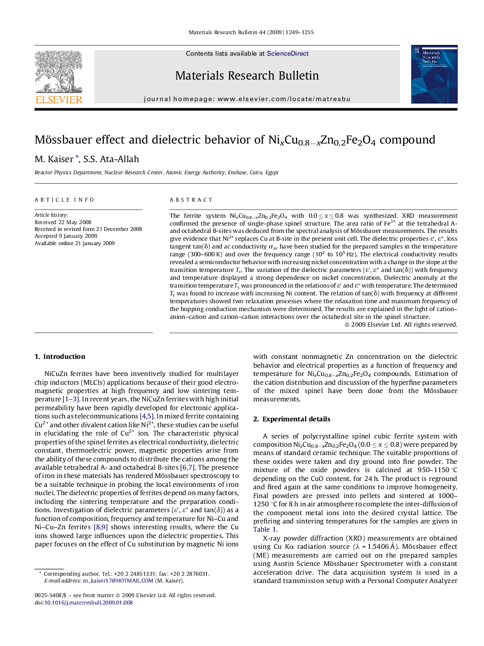 Mössbauer effect and dielectric behavior of NixCu0.8âxZn0.2Fe2O4 compound