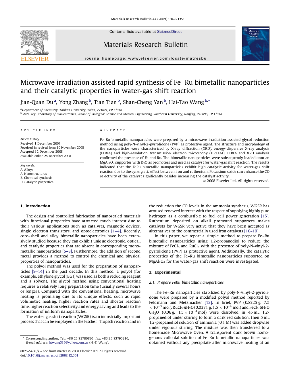 Microwave irradiation assisted rapid synthesis of Fe–Ru bimetallic nanoparticles and their catalytic properties in water-gas shift reaction