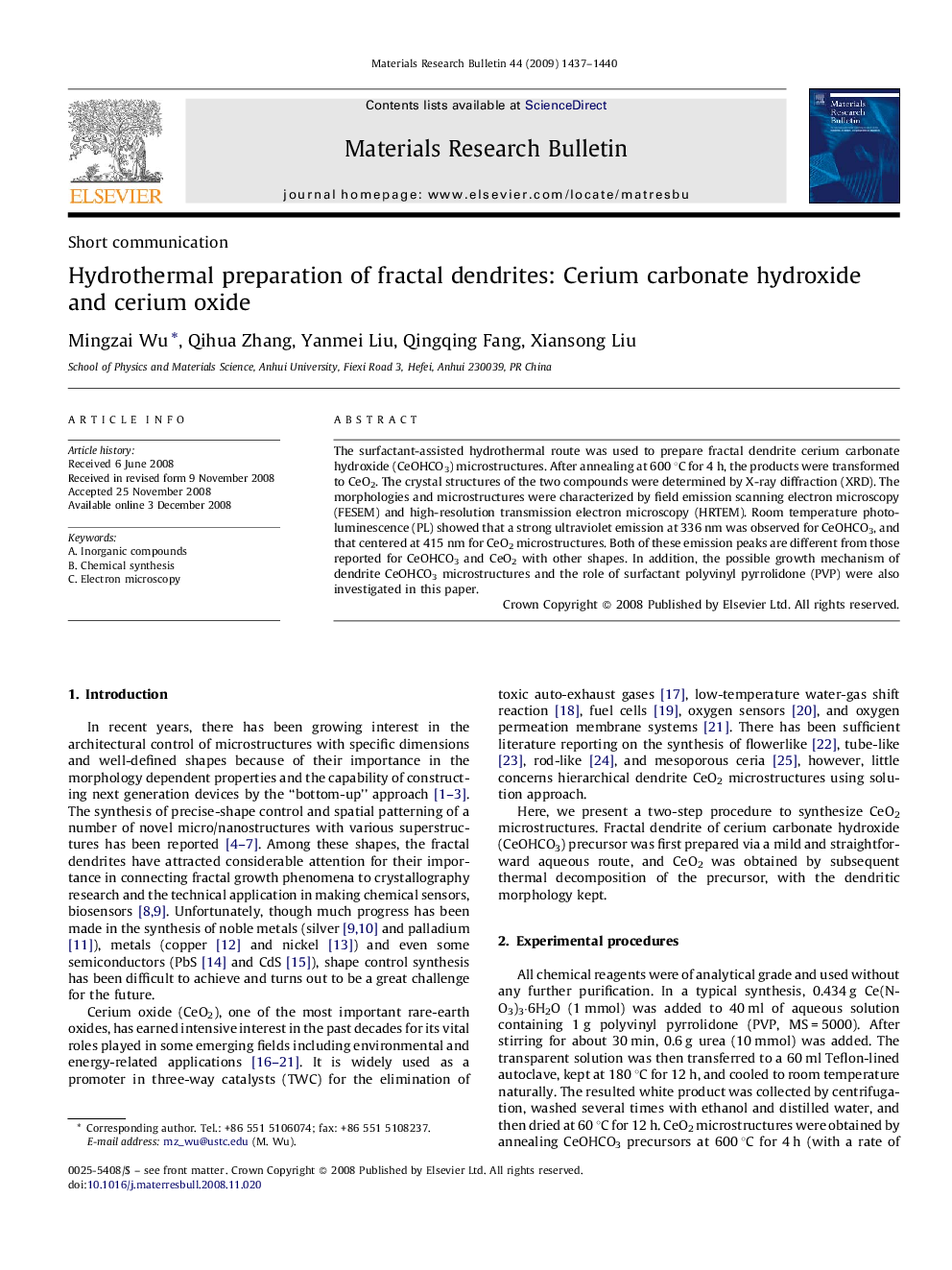 Hydrothermal preparation of fractal dendrites: Cerium carbonate hydroxide and cerium oxide