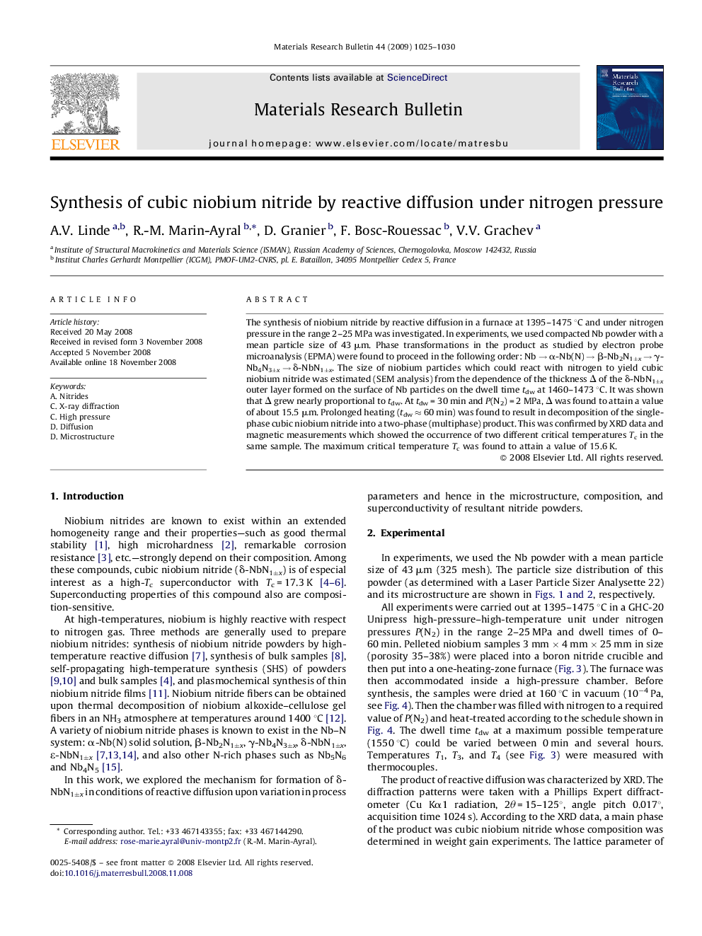 Synthesis of cubic niobium nitride by reactive diffusion under nitrogen pressure