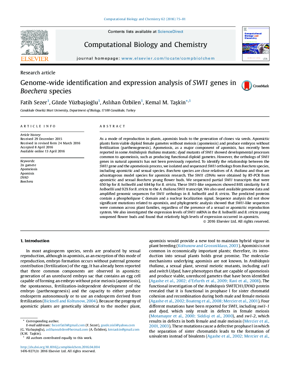 Genome-wide identification and expression analysis of SWI1 genes in Boechera species