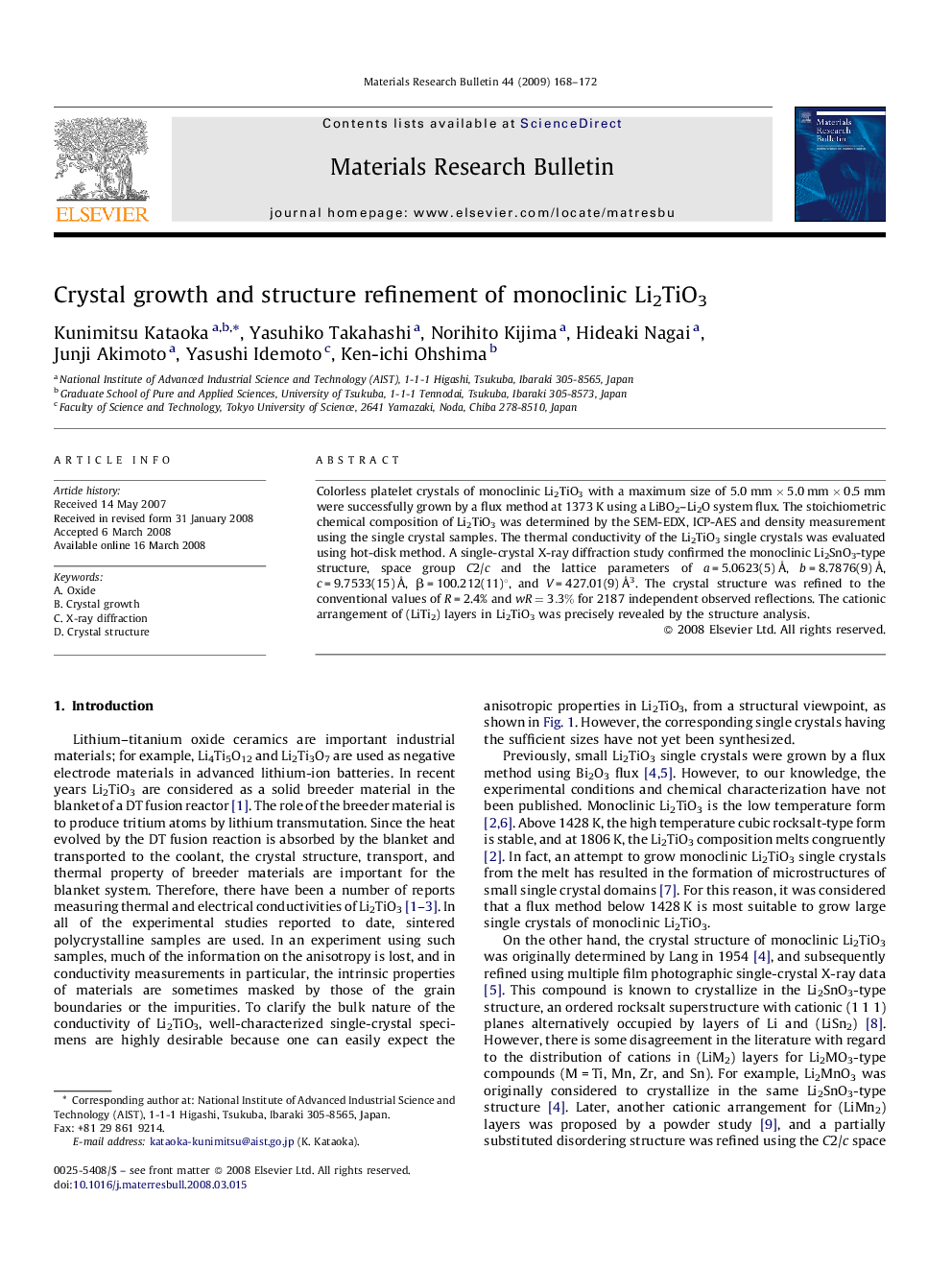 Crystal growth and structure refinement of monoclinic Li2TiO3