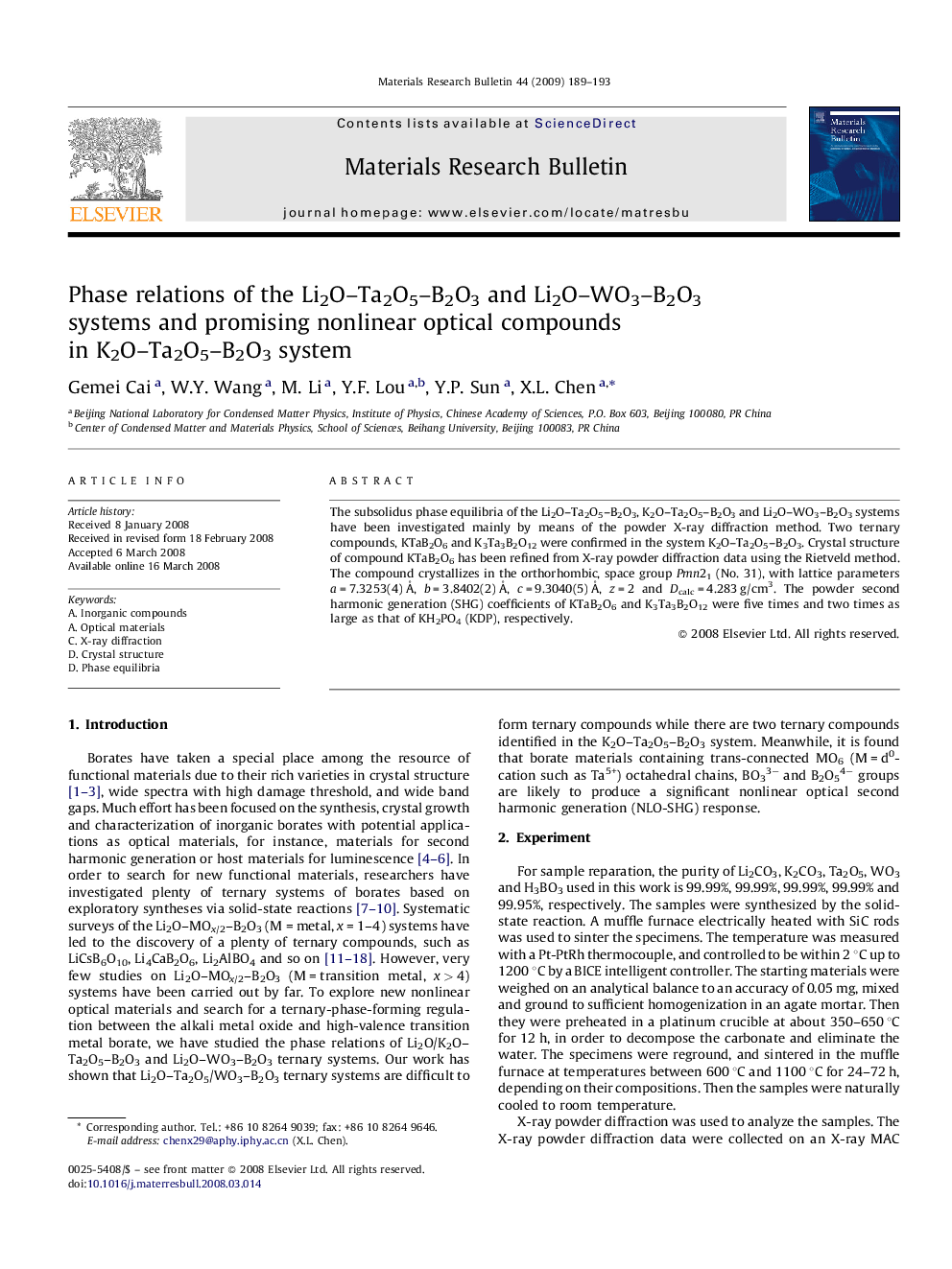 Phase relations of the Li2O–Ta2O5–B2O3 and Li2O–WO3–B2O3 systems and promising nonlinear optical compounds in K2O–Ta2O5–B2O3 system