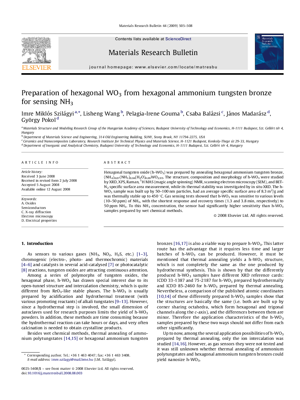 Preparation of hexagonal WO3 from hexagonal ammonium tungsten bronze for sensing NH3