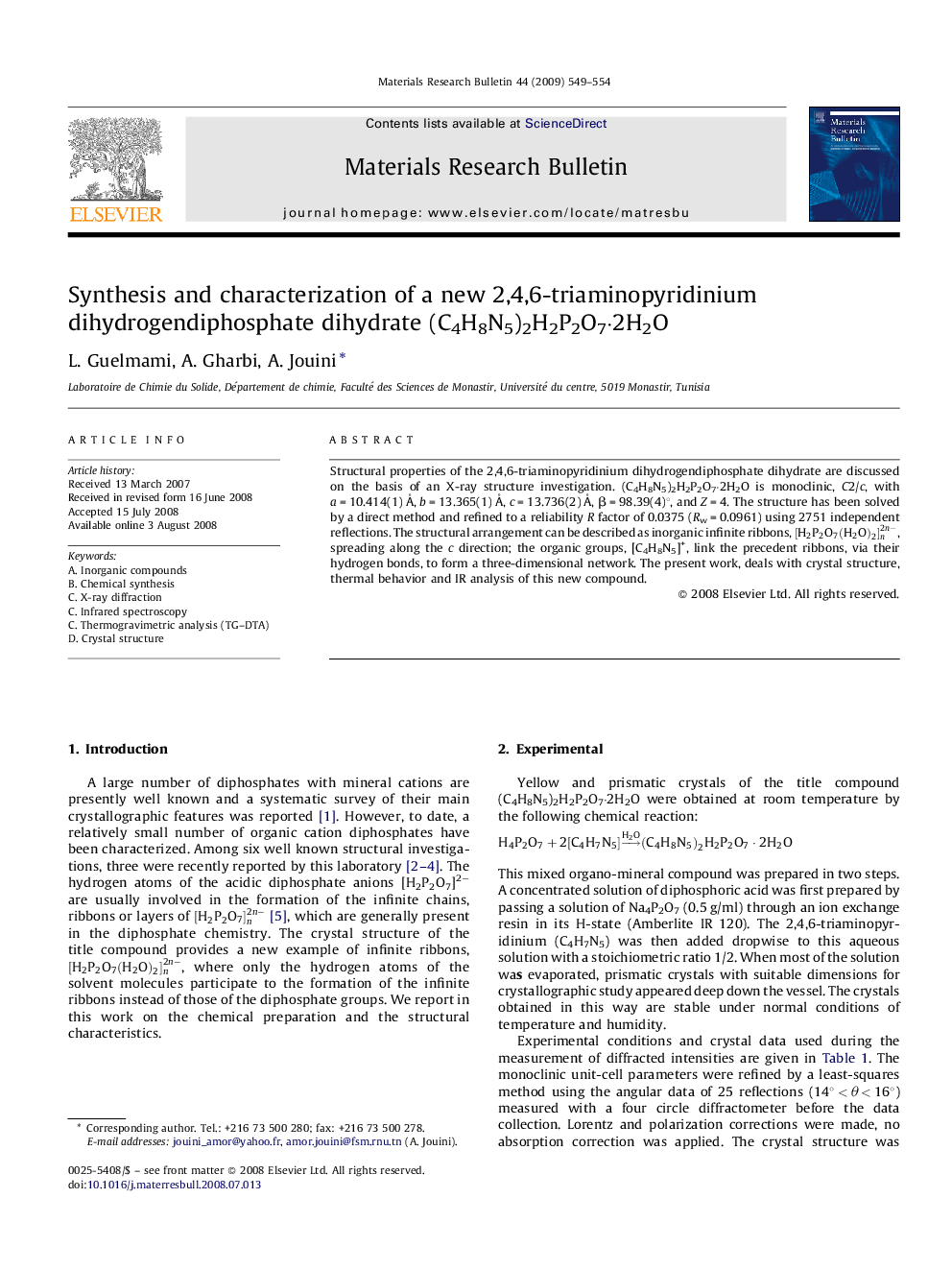 Synthesis and characterization of a new 2,4,6-triaminopyridinium dihydrogendiphosphate dihydrate (C4H8N5)2H2P2O7·2H2O