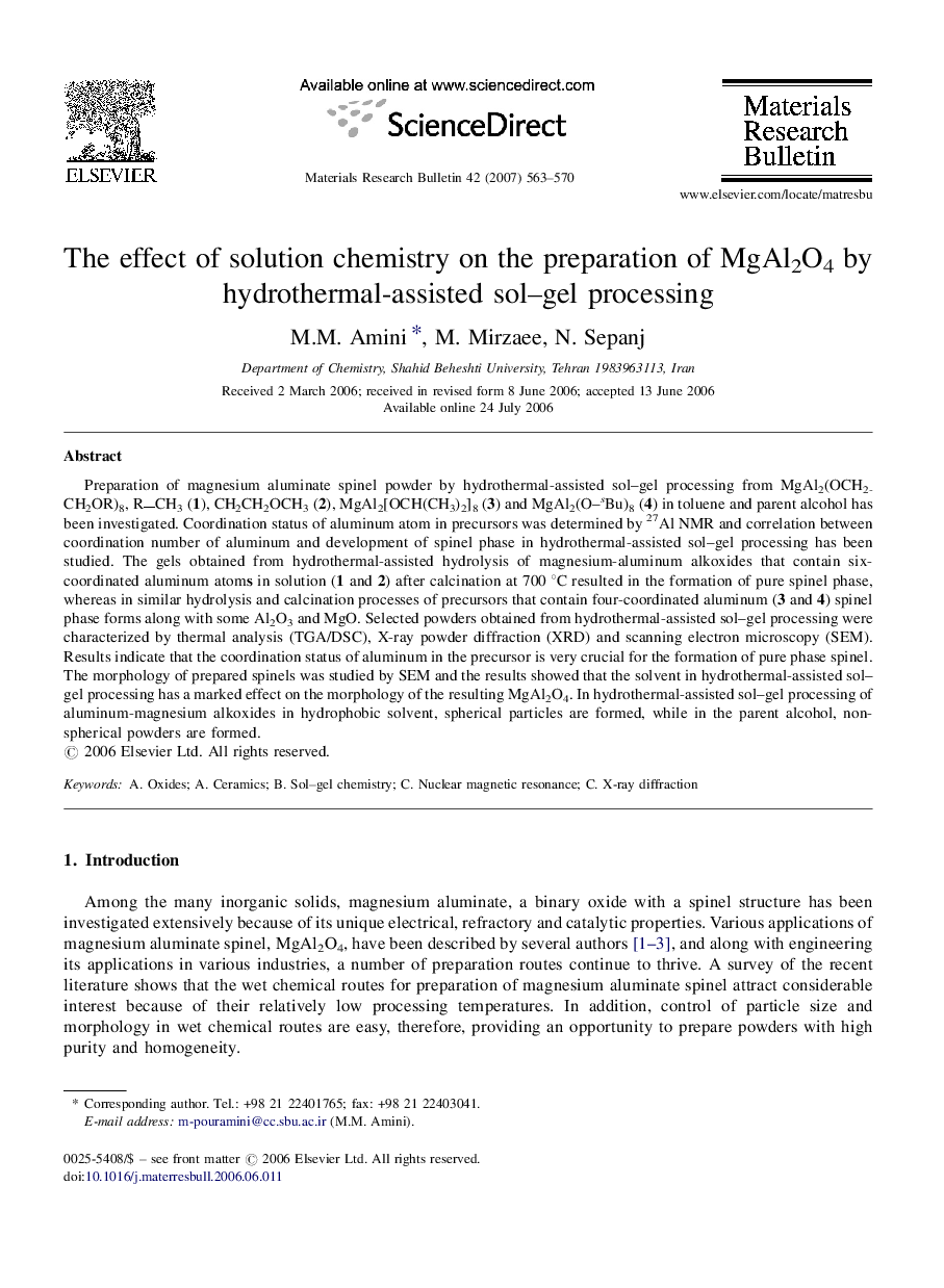 The effect of solution chemistry on the preparation of MgAl2O4 by hydrothermal-assisted sol–gel processing