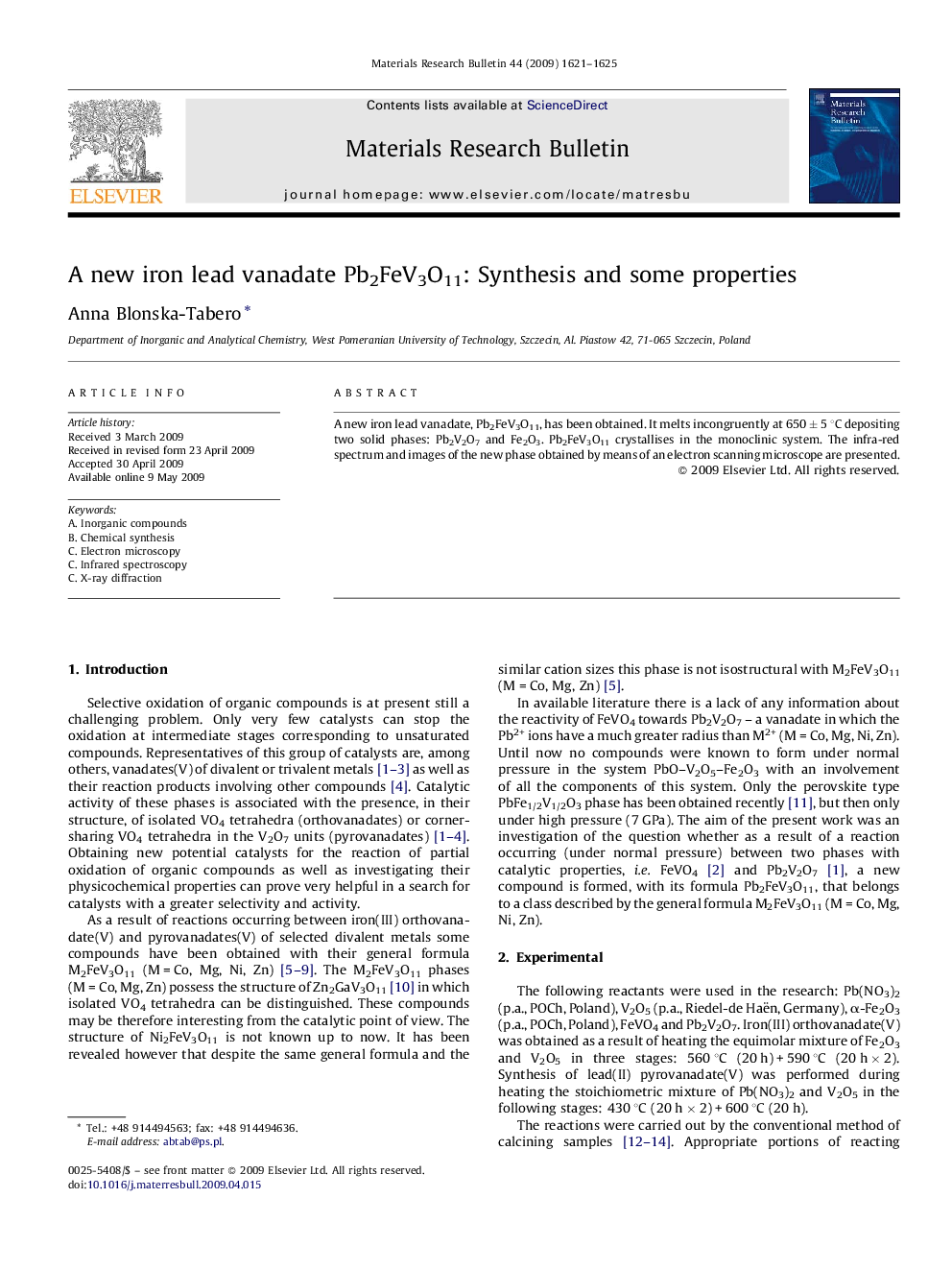 A new iron lead vanadate Pb2FeV3O11: Synthesis and some properties