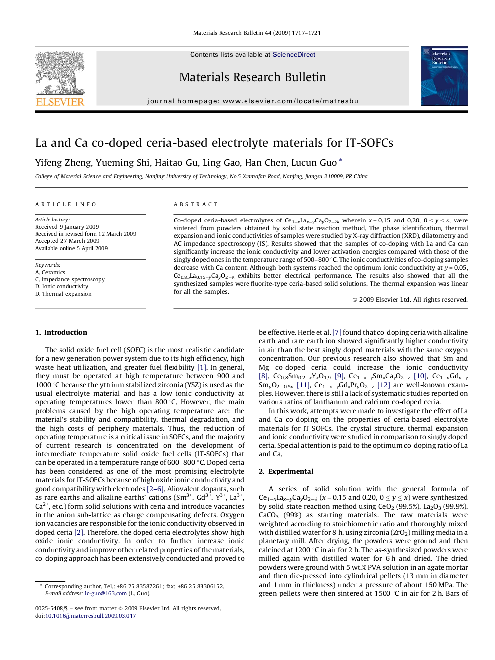 La and Ca co-doped ceria-based electrolyte materials for IT-SOFCs