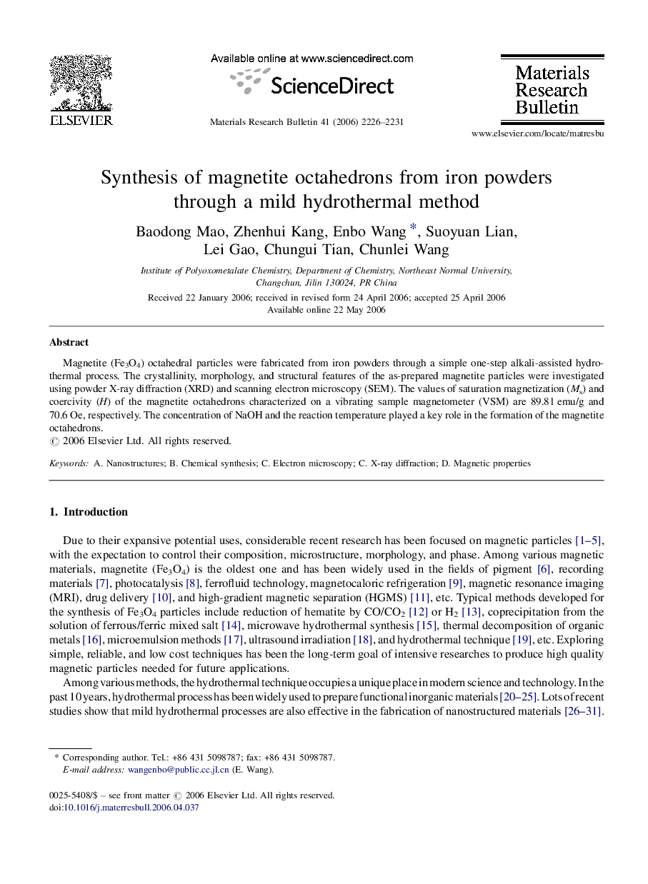 Synthesis of magnetite octahedrons from iron powders through a mild hydrothermal method