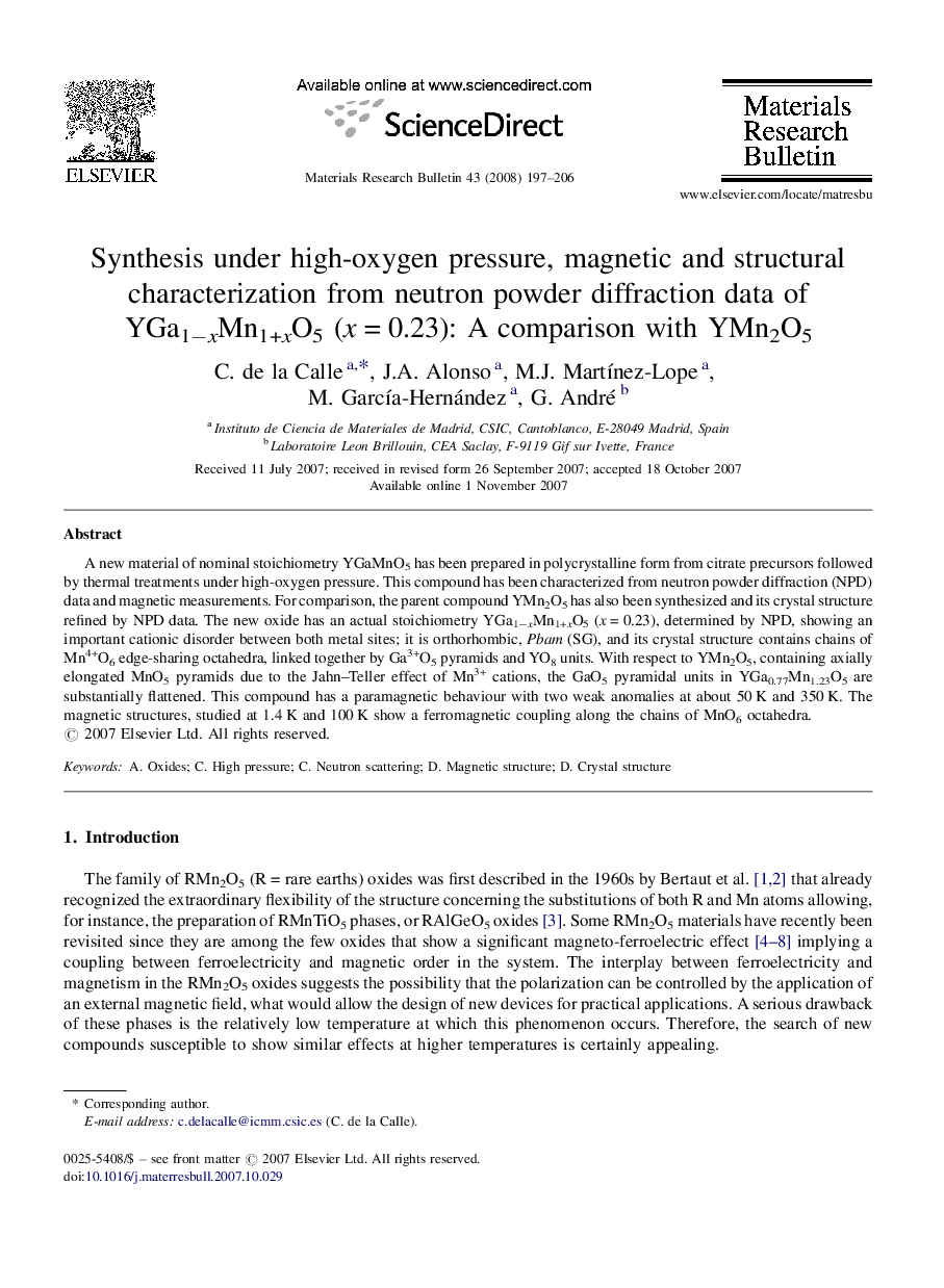 Synthesis under high-oxygen pressure, magnetic and structural characterization from neutron powder diffraction data of YGa1âxMn1+xO5 (xÂ =Â 0.23): A comparison with YMn2O5