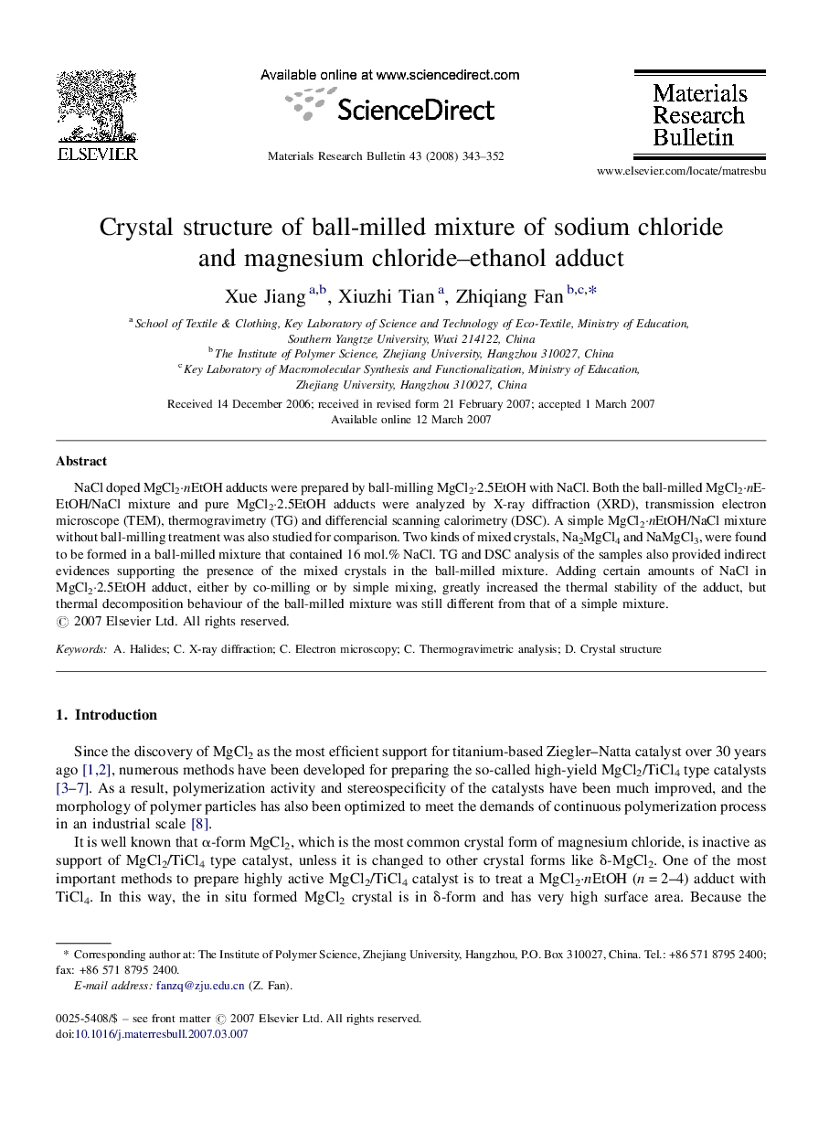 Crystal structure of ball-milled mixture of sodium chloride and magnesium chloride–ethanol adduct