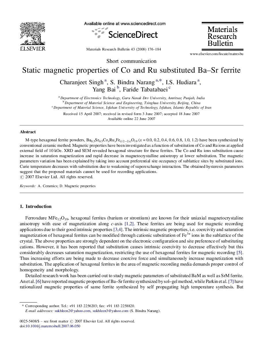 Static magnetic properties of Co and Ru substituted Ba–Sr ferrite