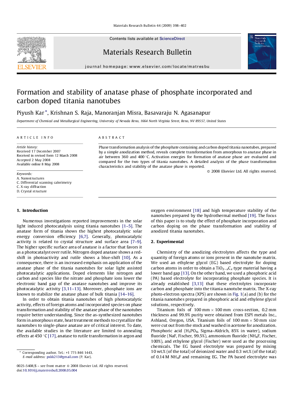 Formation and stability of anatase phase of phosphate incorporated and carbon doped titania nanotubes