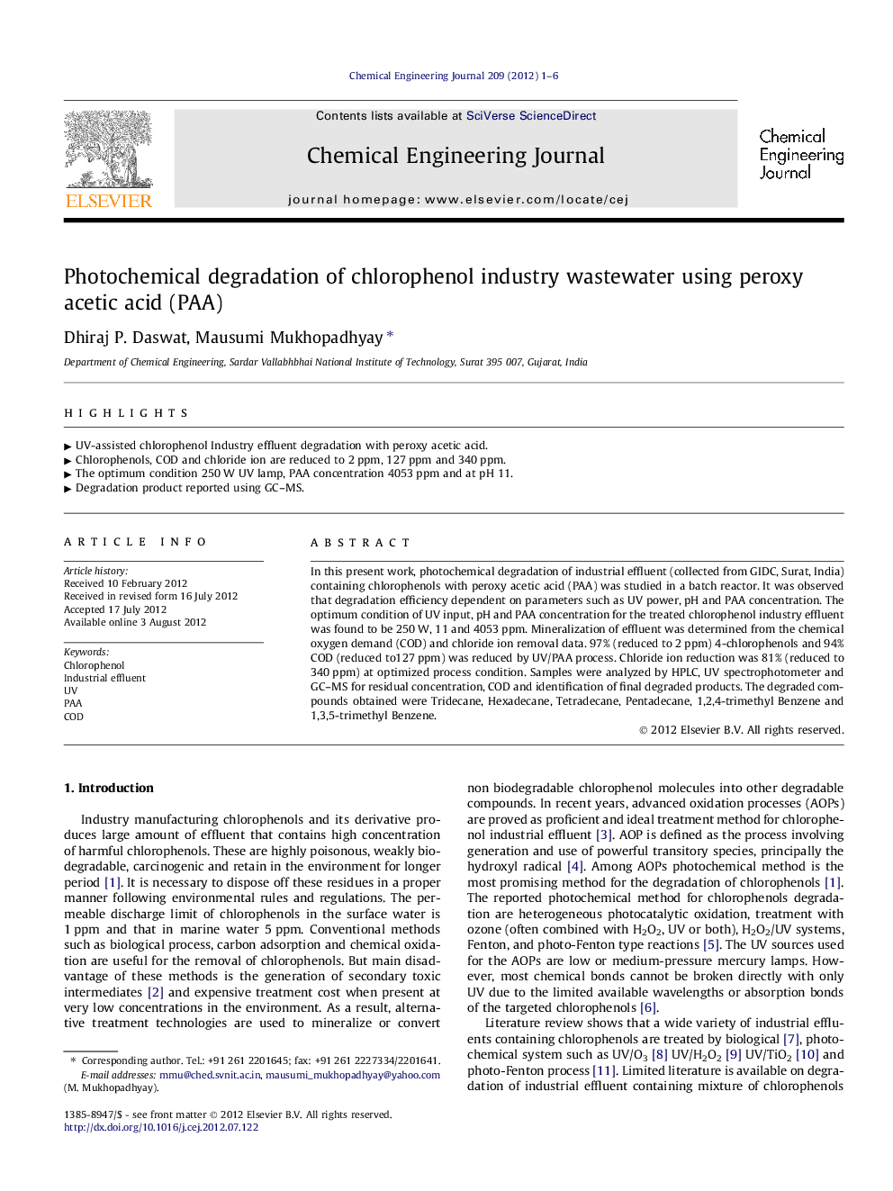 Photochemical degradation of chlorophenol industry wastewater using peroxy acetic acid (PAA)