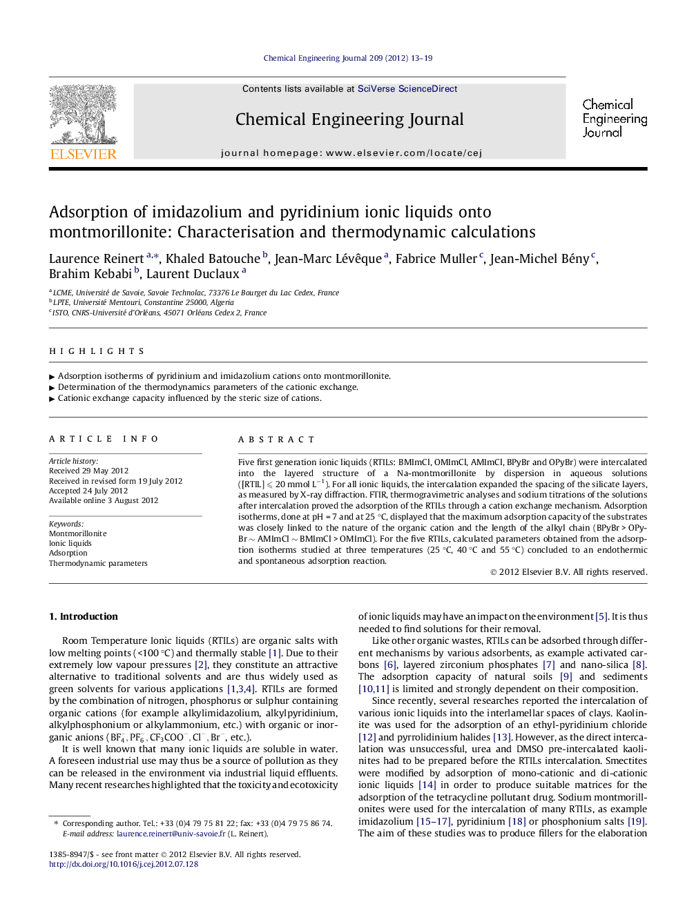 Adsorption of imidazolium and pyridinium ionic liquids onto montmorillonite: Characterisation and thermodynamic calculations