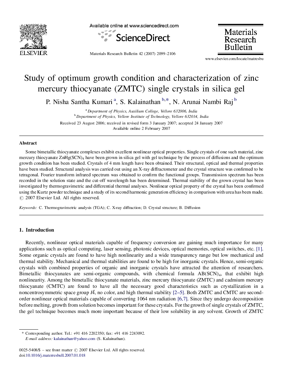 Study of optimum growth condition and characterization of zinc mercury thiocyanate (ZMTC) single crystals in silica gel