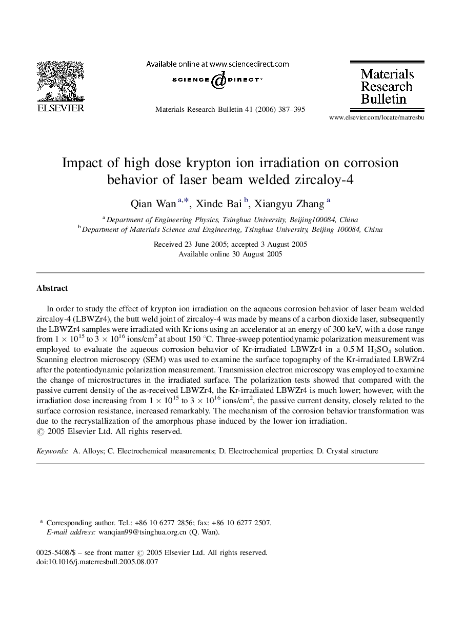 Impact of high dose krypton ion irradiation on corrosion behavior of laser beam welded zircaloy-4