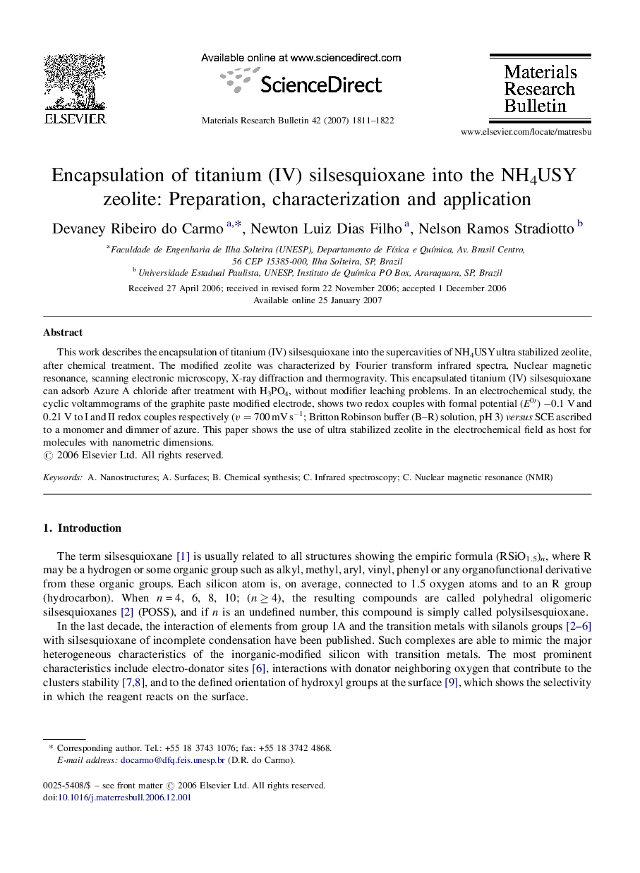 Encapsulation of titanium (IV) silsesquioxane into the NH4USY zeolite: Preparation, characterization and application