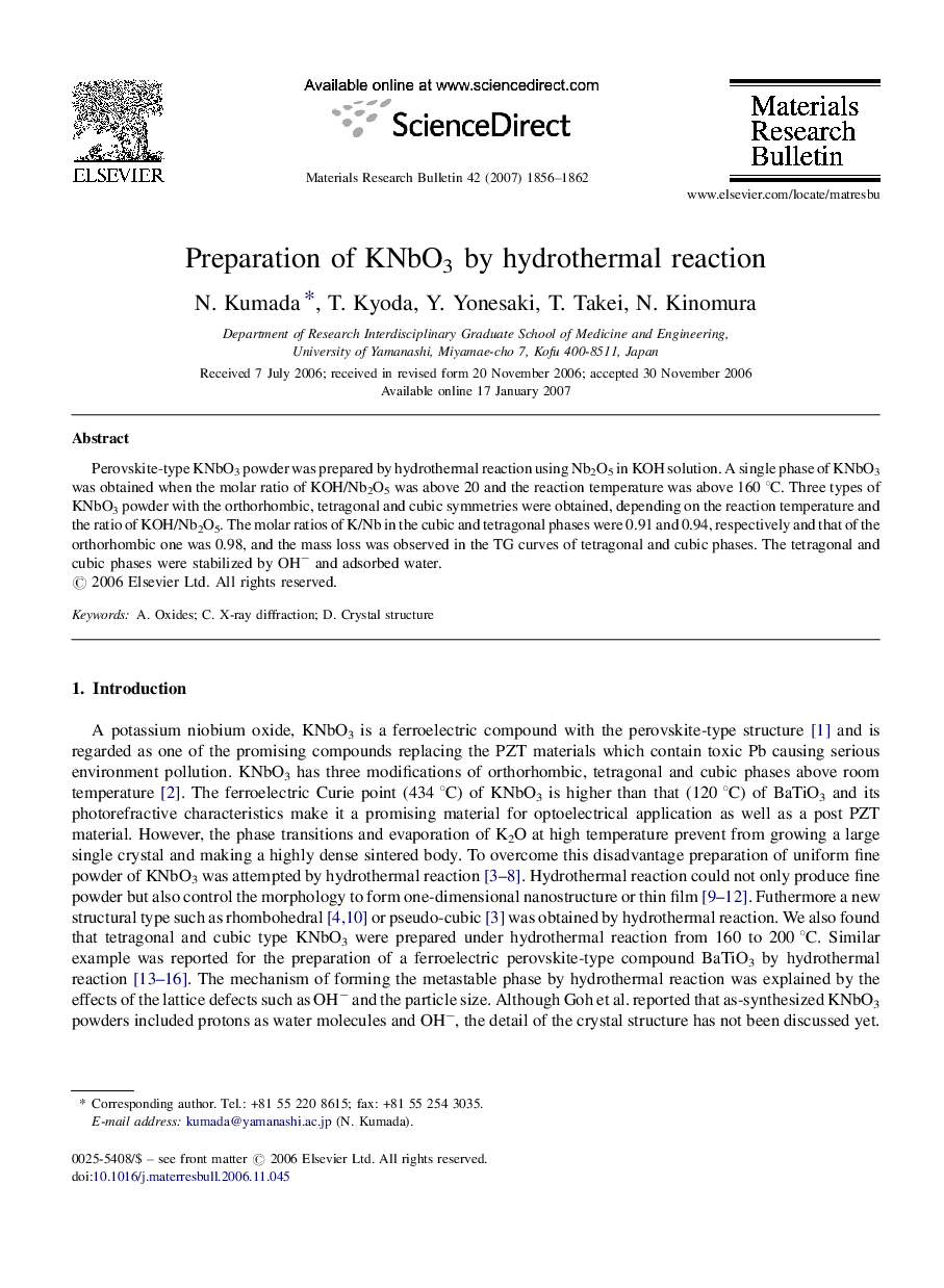 Preparation of KNbO3 by hydrothermal reaction