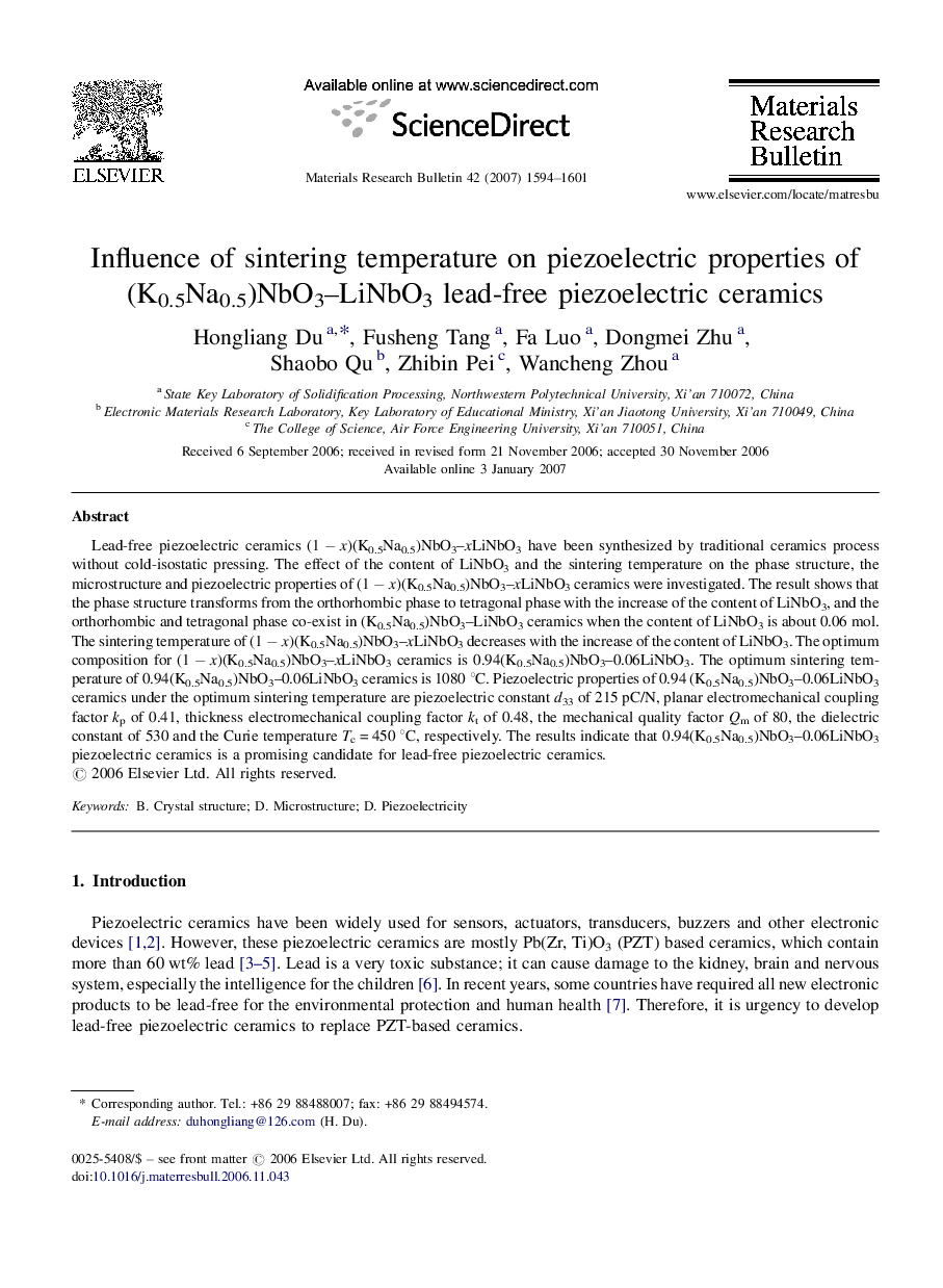 Influence of sintering temperature on piezoelectric properties of (K0.5Na0.5)NbO3–LiNbO3 lead-free piezoelectric ceramics